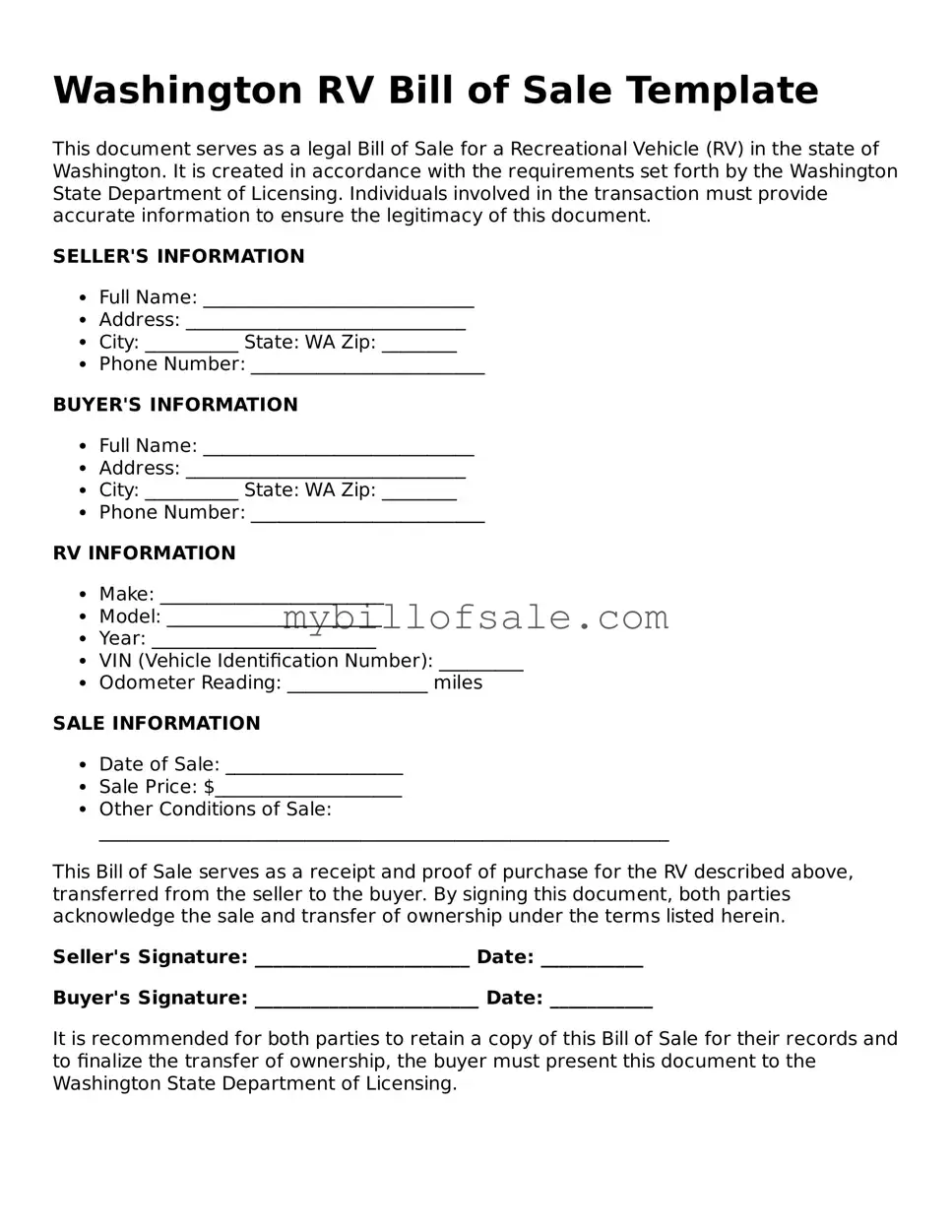 Official Washington RV Bill of Sale Template