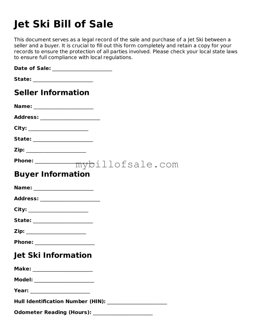 Blank Jet Ski Bill of Sale Form