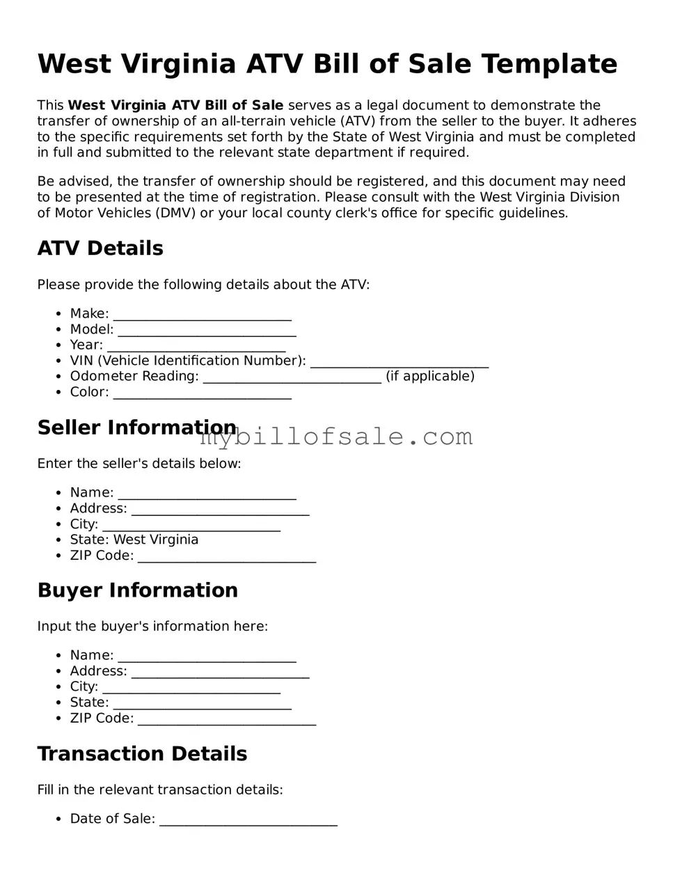 Official West Virginia ATV Bill of Sale Template