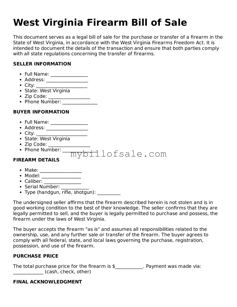 Official West Virginia Firearm Bill of Sale Template