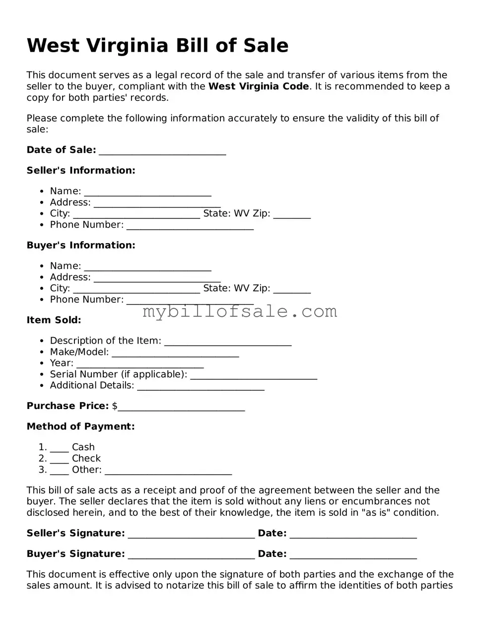 Official West Virginia Bill of Sale Template
