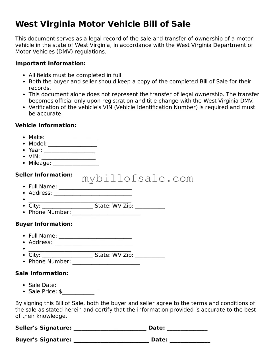 Official West Virginia Motor Vehicle Bill of Sale Template