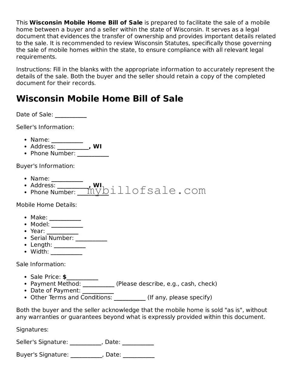 Official Wisconsin Mobile Home Bill of Sale Template