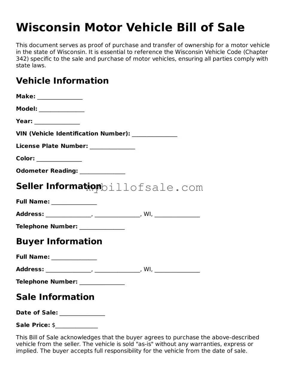 Official Wisconsin Motor Vehicle Bill of Sale Template