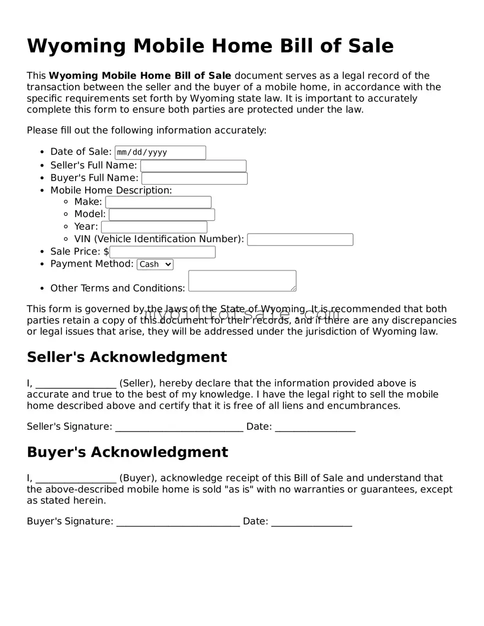 Official Wyoming Mobile Home Bill of Sale Template