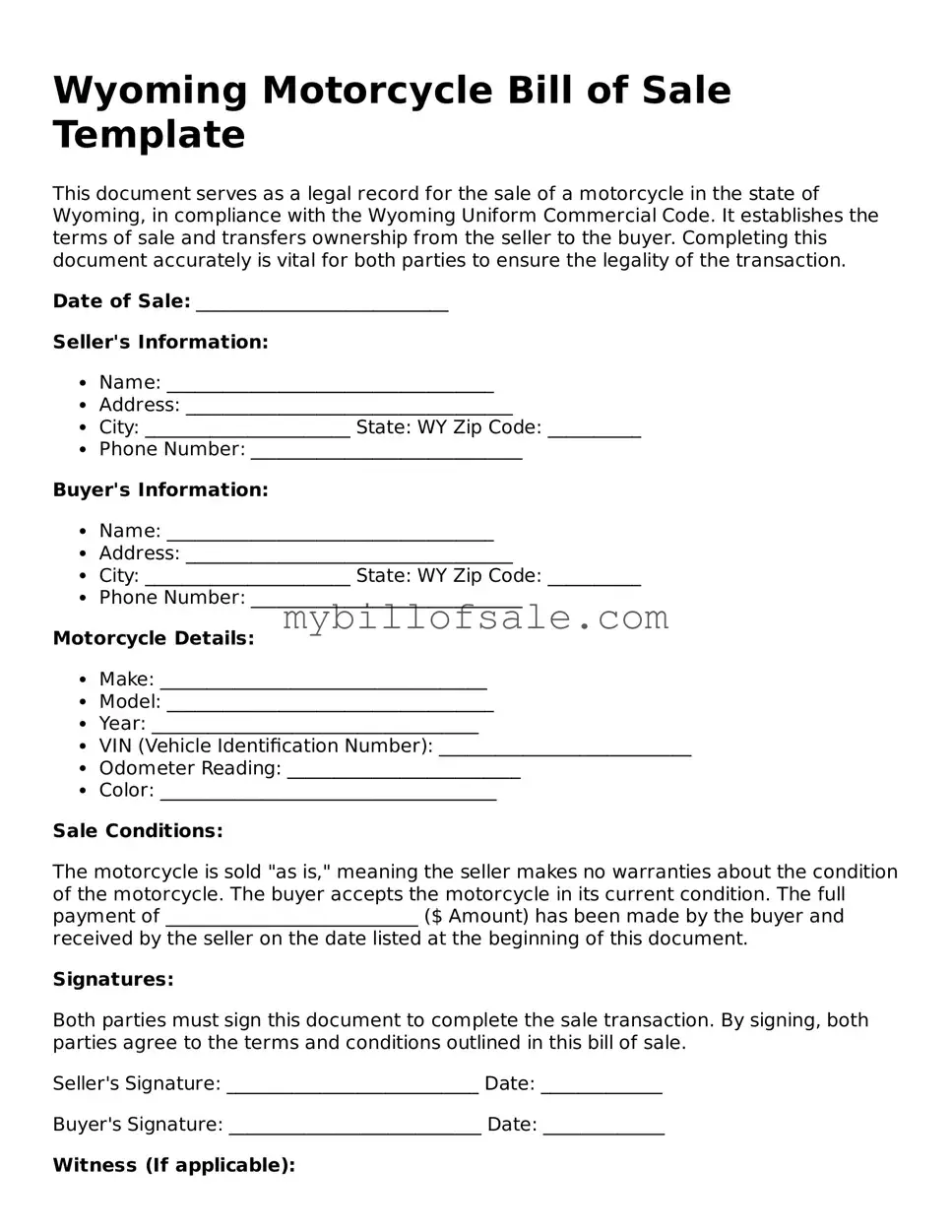 Official Wyoming Motorcycle Bill of Sale Template