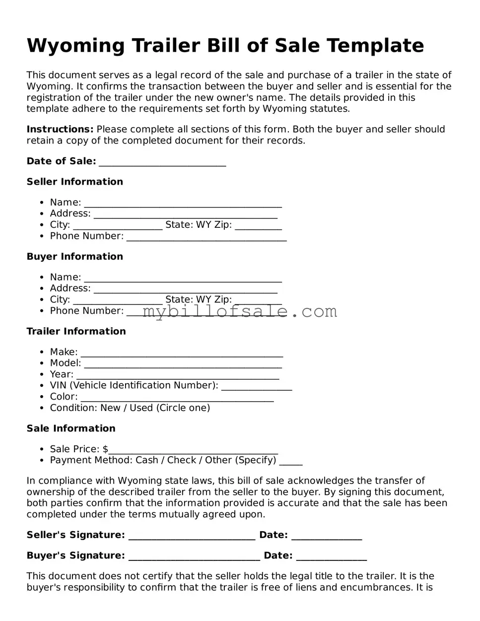 Official Wyoming Trailer Bill of Sale Template