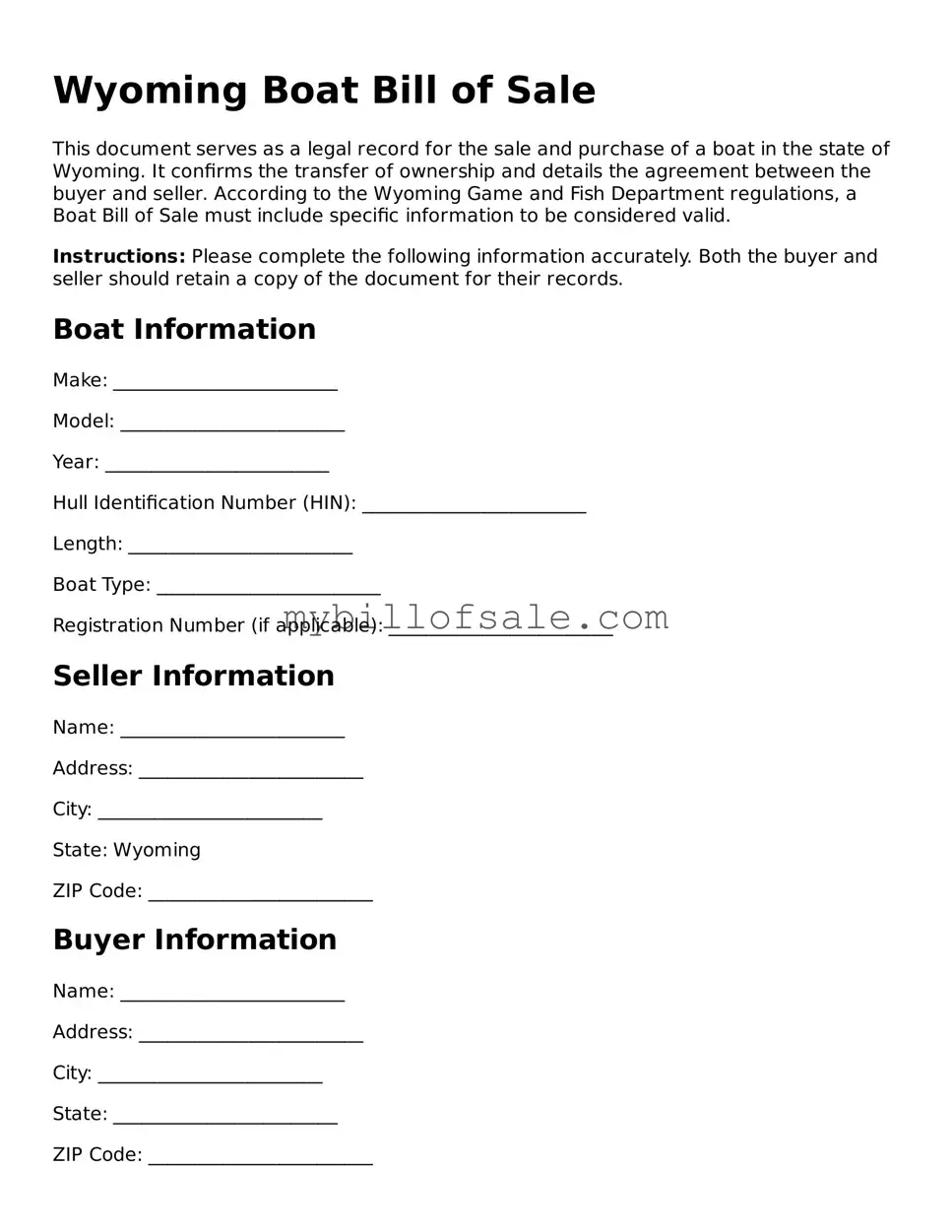 Official Wyoming Boat Bill of Sale Template