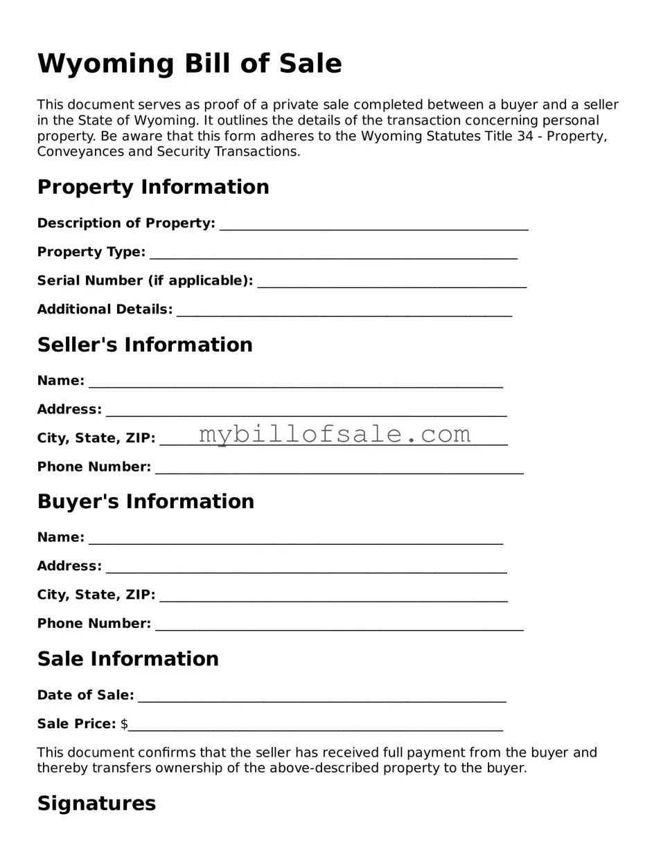 Official Wyoming Bill of Sale Template