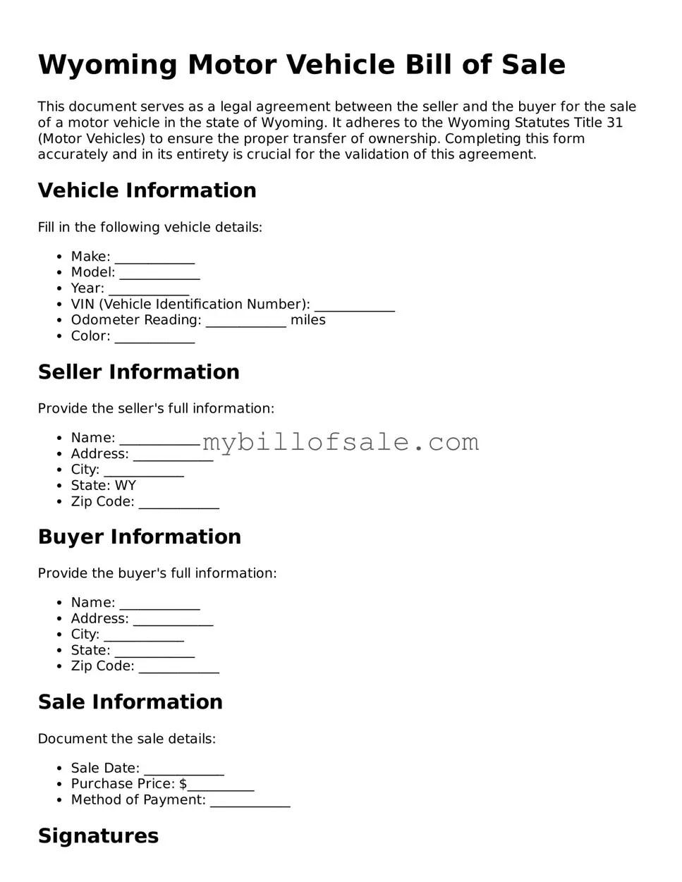 Official Wyoming Motor Vehicle Bill of Sale Template